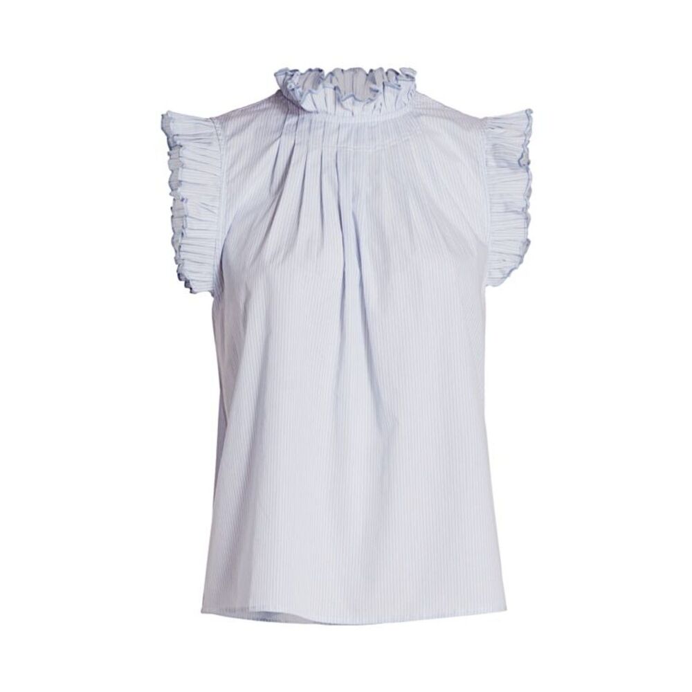 Frame Boho Ruffle Pleated Sleeveless Pinstripe Top Blue/White Sz M Retail $255